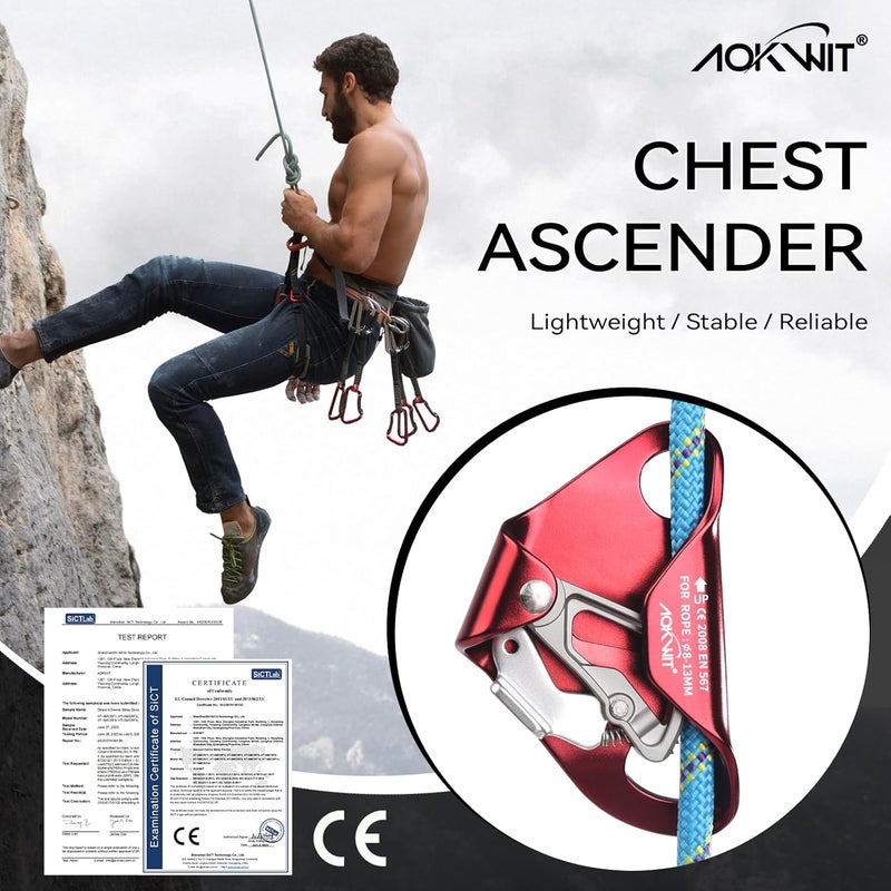 AOKWIT Chest Ascender Tree Climbing Gear Rope Grab High-Strength Aluminum Alloy Rappelling Equipment CE Certified for Rock Climbing Rescue Aerial Work Mountaineering Caving Arborist Work 8-13mm Ropes - Image 3